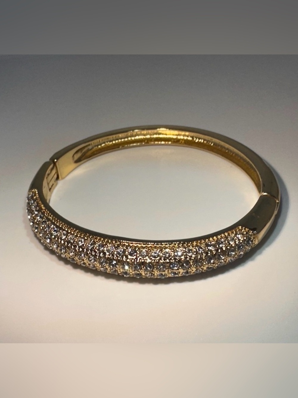 Gold Tone Pavé Crystal Hinged Bangle Bracelet Elegant Statement